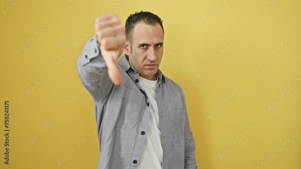 Angry looking young hispanic man in a shirt, thumbs down in a negative gesture, unhappy expression showcased on isolated yellow background Angry looking young hispanic man in a shirt, thumbs down in a negative gesture, unhappy expression showcased on isolated yellow background