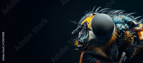 close up of a housefly over a dark background with copy space