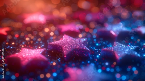  a group of pink and blue stars on a black background with a blurry boke of pink and blue stars.