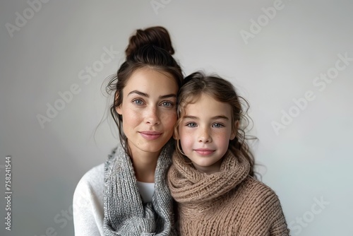 Mother and daughter portrait isolated on gray background, studio shot. Generative AI.