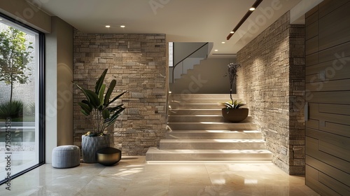 Architectural marvel  A captivating floating staircase against a stunning stone-clad backdrop.