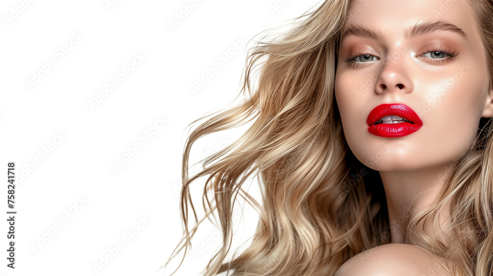 Fototapeta premium Portrait of the blonde woman with long hair and red lips. Fashion model with bright makeup on transparent