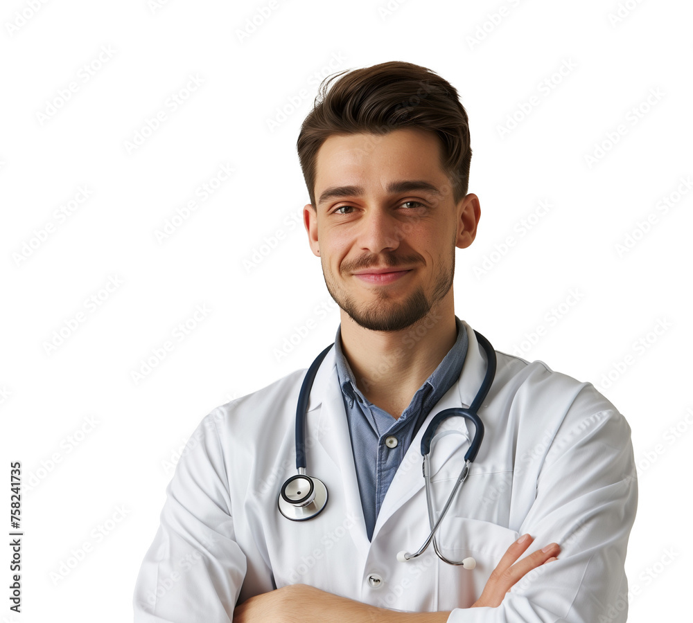 Portrait with copy space of cheerful joyful doc in lab coat and stethoscope on his neck, isolated on transparent background Portrait with copy space of cheerful joyful doc in lab coat and stethoscope on his neck, isolated on transparent background