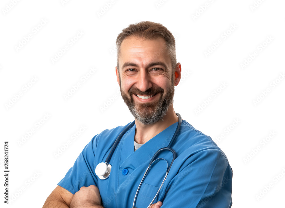 Portrait with copy space of cheerful joyful doc in lab coat and stethoscope on his neck, isolated on transparent background Portrait with copy space of cheerful joyful doc in lab coat and stethoscope on his neck, isolated on transparent background