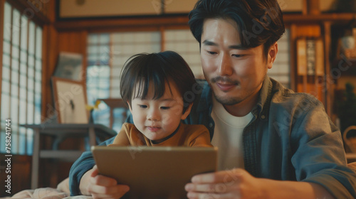 Father and child using digital tablet for e-learning. Education home digital device kid concept.