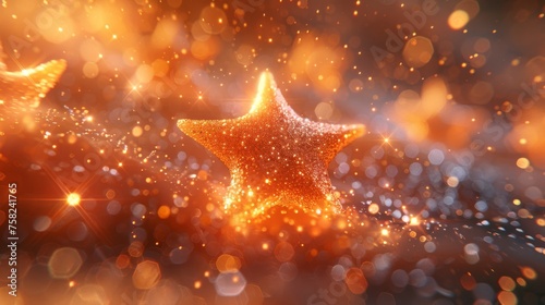  a close up of a gold star on a blurry background with stars in the foreground and blurry lights in the background.