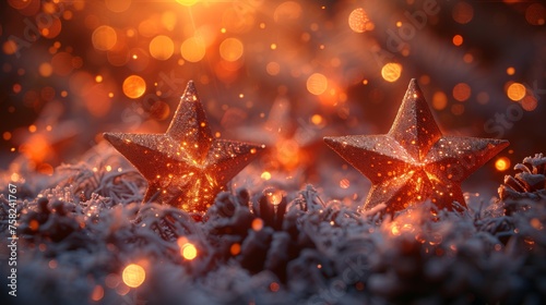  two gold stars sitting on top of a pile of snow next to a red and yellow christmas ornament.