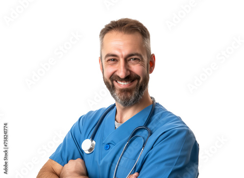 Portrait with copy space of cheerful joyful doc in lab coat and stethoscope on his neck, isolated on transparent background