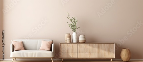 The living room is furnished with furniture such as a couch, chair, dresser, and vases. The interior design is modern with a grey color scheme and wooden accents © AkuAku