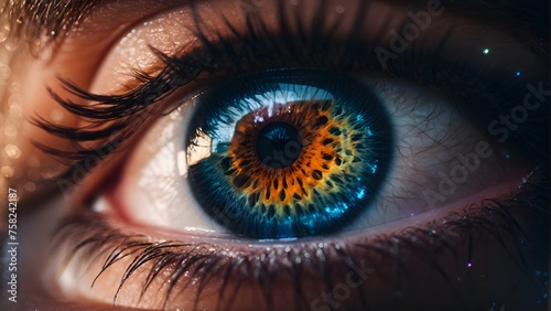 Close-up of human eye with glowing iridescent iris