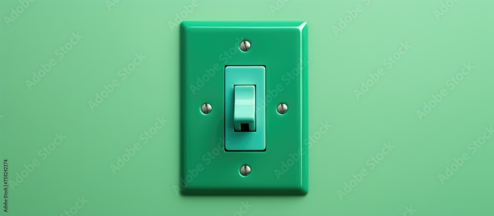 A rectangle electric blue light switch mounted on a green wall, contrasting with the magenta gas fixture. The metal handle adds a touch of fashion accessory to the plastic switch A rectangle electric blue light switch mounted on a green wall, contrasting with the magenta gas fixture. The metal handle adds a touch of fashion accessory to the plastic switch