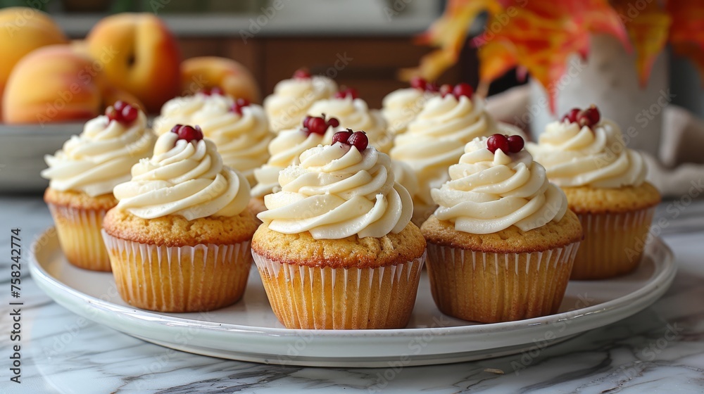  a plate of cupcakes with white frosting and cranberries on the top of the cupcakes.