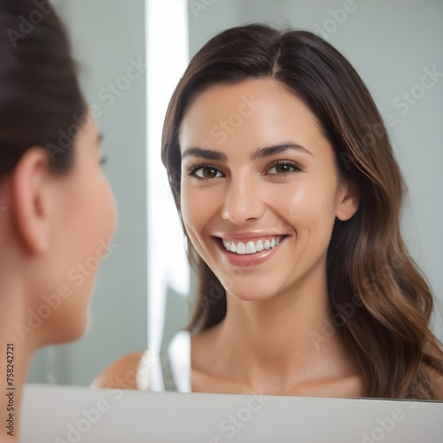 A fleeting glimpse of the woman's smile as she catches sight of her reflection, pleased with the results of her skincare ritual.