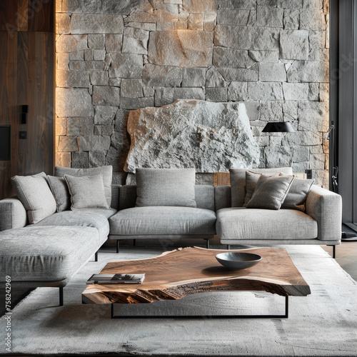 Minimalist home interior design of modern living room. Live edge accent coffee table near grey fabric corner sofa against stone cladding wall