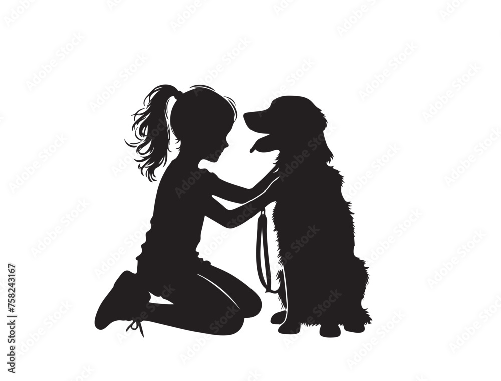Woman squatting near labrador retriever dog vector silhouette.