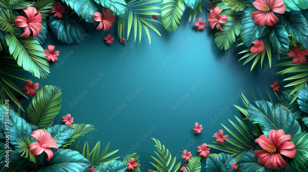 a blue background with green leaves and pink flowers on a blue background with a place for an inscription in the center. a blue background with green leaves and pink flowers on a blue background with a place for an inscription in the center.