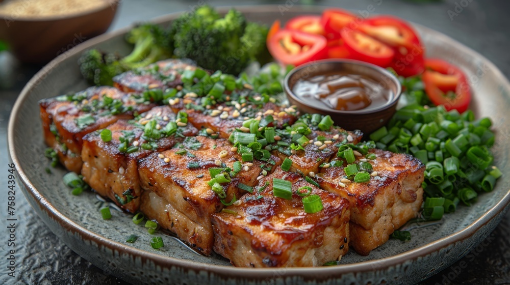  a close up of a plate of food with meat and veggies on a table with a bowl of sauce.