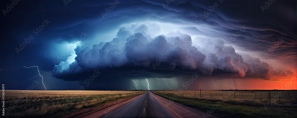 Thunder super storm or tornado on road. - obrazy, fototapety, plakaty 