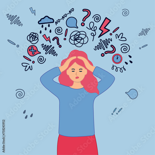 Facepalm. The woman covered her head with her hand from fatigue and negativity. A lot of emotions, thoughts, messages. The concept of mental health.