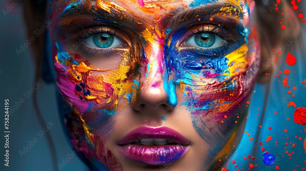 Close-up of woman with colorful face paint and blue eyes. Artistic portrait with paint splashes in vibrant hues. Conceptual beauty and fashion photography for wallpaper, print, or banner