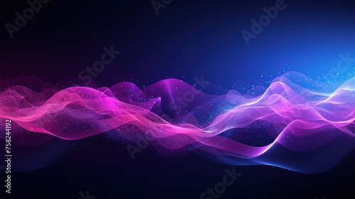 Digital blue magenta and purple particles and wavy lines on dark background. Colorful wave, blurred motion for futuristic technology concept.