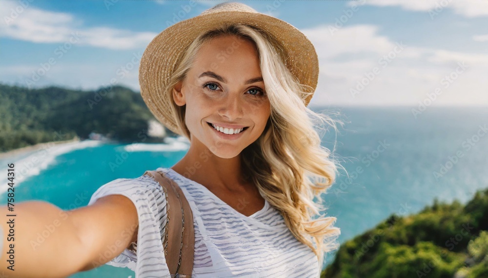 Happy attractive tanned woman making selfie and smile to camera on amazing sea view