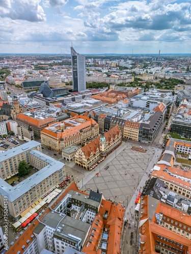 The drone aerial view of old town hall and the Market square, Leipzig, Germany. The Old Town Hall is considered one of Germany's most important secular Renaissance buildings.