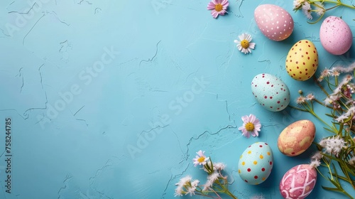 Easter decoration easter eggs on blue background with copy space. Beautiful colorful easter eggs. Happy Easter. 