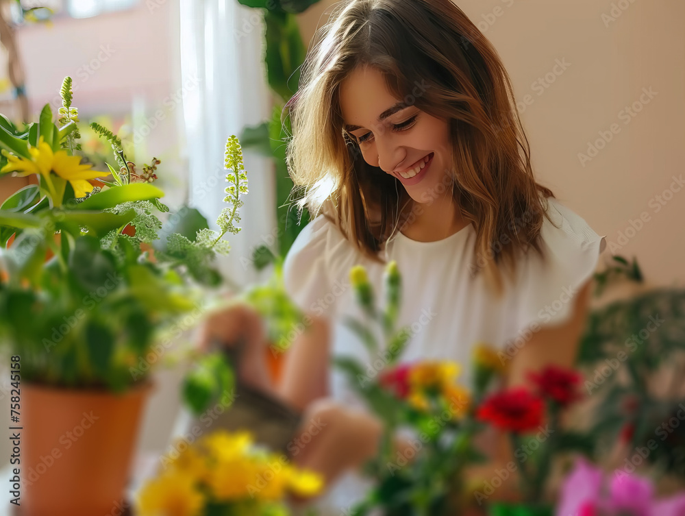 happy woman takes care of home flowers, 
