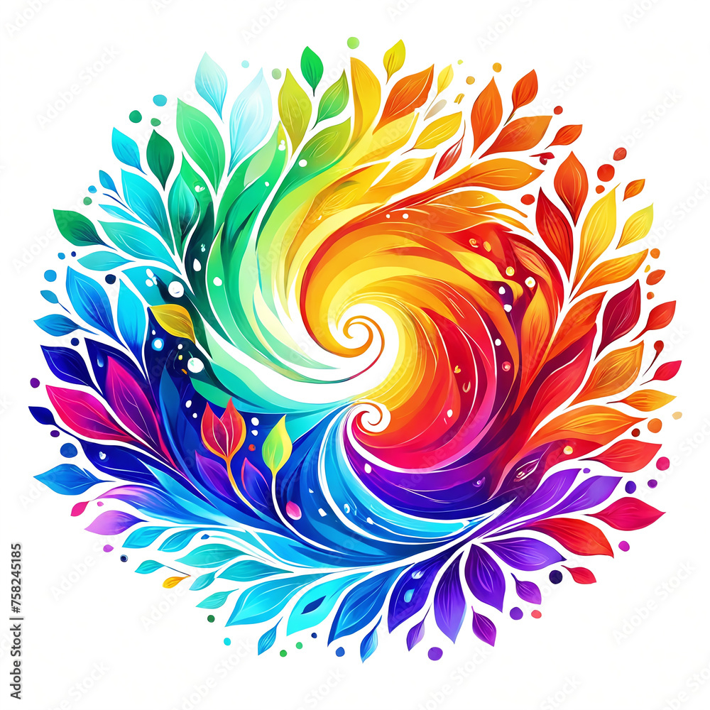 Colorful and intricate design featuring a spiral pattern of leaves. The ...