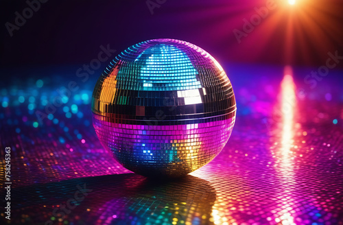 A disco ball is sitting on a shiny surface with a colorful background