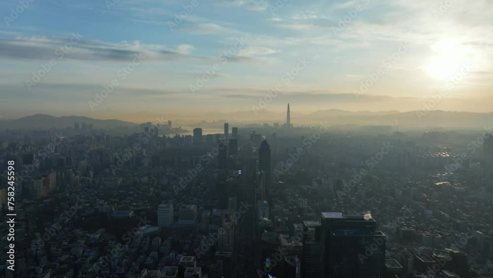 Drone View of Seoul city in South Korea, Gangnam road 60fps, winter, sunrise Drone View of Seoul city in South Korea, Gangnam road 60fps, winter, sunrise