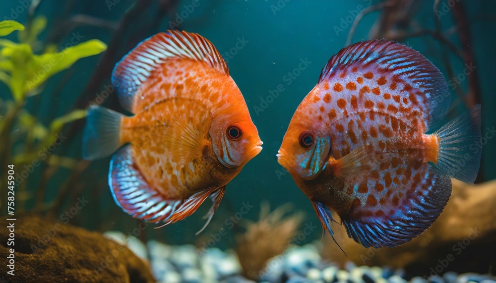 Fototapeta premium Couple of colorful discus fish gracefully swim in the water of an aquarium