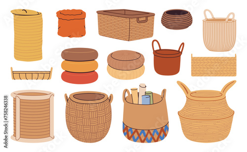 Wicker home decor hand drawn basket set. Interior baskets and decorative elements woven rattan, vine, bamboo, and straw. Vector flat illustration isolated on a white background.