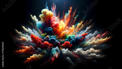 Explosion of vibrant colored clouds in a dark sky, creating an abstract scene