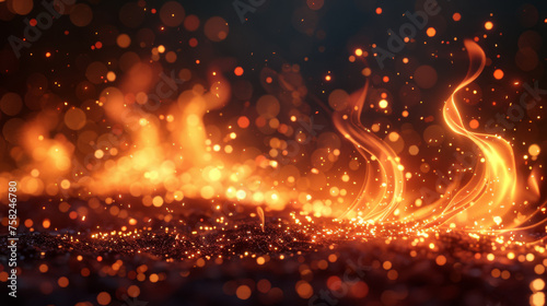  a blurry image of a bright yellow fire on a black background with boke of light and sparkles.
