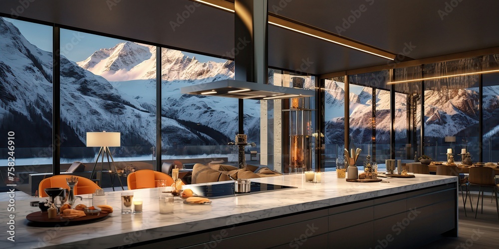 Kitchen With a Large Window Overlooking Mountains