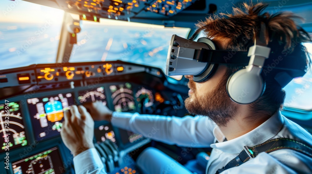 Virtual reality aviation exam  man in vr glasses controls virtual aircraft in flight simulator.