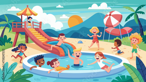 pool-party-kids--children-play-and-swim-in-water- vector illustration 