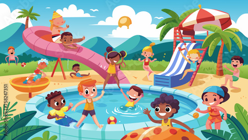 Fototapeta Naklejka Na Ścianę i Meble -  pool-party-kids--children-play-and-swim-in-water- vector illustration 