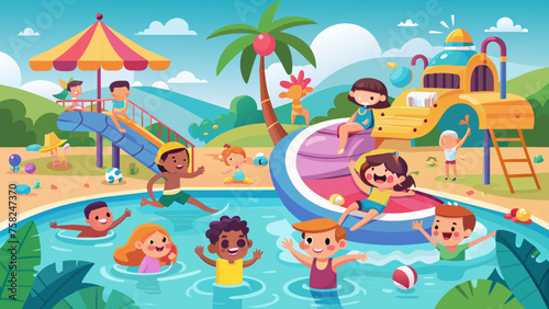 pool-party-kids--children-play-and-swim-in-water- vector illustration 