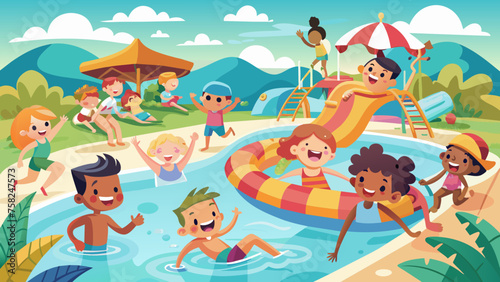 pool-party-kids--children-play-and-swim-in-water- vector illustration 