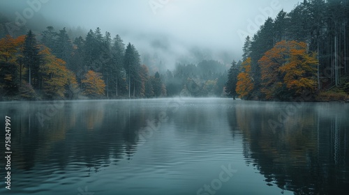 Misty Lake Surrounded by Trees