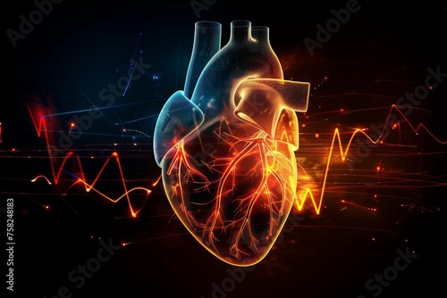 Human Heart with blue digital red line of cardiac pulse,  cardiology, cardiovascular disease concept futuristic medical research or heart cardiology health care with diagnosis vitals infographic	
