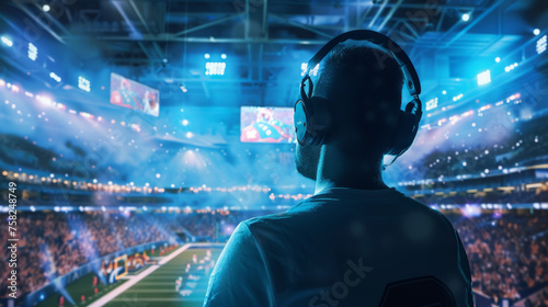 A spectator or commentator with headphones looking over a packed stadium during a major sporting event