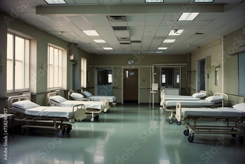View of empty beds in an emergency room at a hospital design.