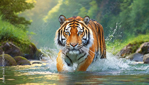 Amur tiger walking in river water. Danger animal, tajga, Russia. Animal in green forest stream. Grey stone, river droplet. Siberian tiger splash water. Tiger wildlife scene, wild cat, nature habitat photo
