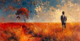 A man in an outback scene is painted in oil on canvas for giclee prints, backgrounds, and concepts.
