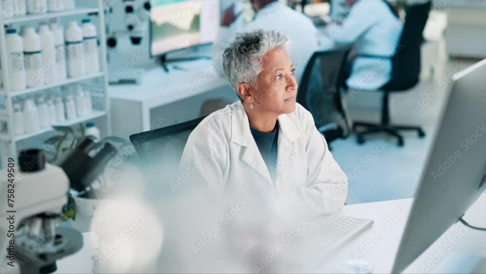 Science, research and woman at computer with study of online article in laboratory with biotechnology. Reading, report and scientist search for solution on internet and planning review of project Science, research and woman at computer with study of online article in laboratory with biotechnology. Reading, report and scientist search for solution on internet and planning review of project