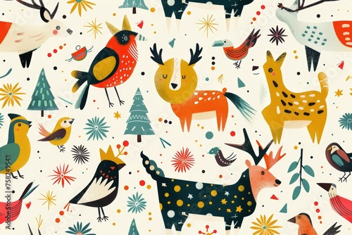 Abstract animal seamless pattern banner, wallpaper for kids, bright colors hare, dog, fox, deer, bear over yellow background. Wrapping paper for presents. Baby linen, clothes and products for children